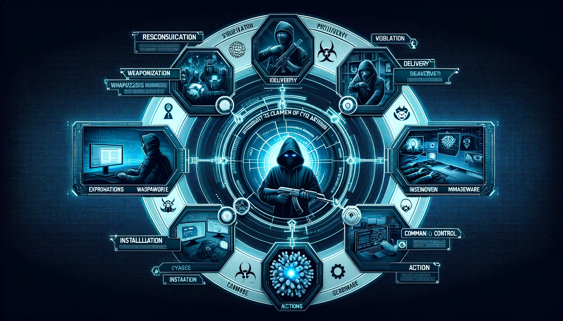 Imagen ancha ilustrando la Cyber Kill Chain: 1) Recolectando datos para el ciberataque; 2) Correos de phishing; 3) Explotando vulnerabilidades; 4) Malware infectando sistema; 5) Hacker controlando red; 6) Consecuencias de ataque cibernético.