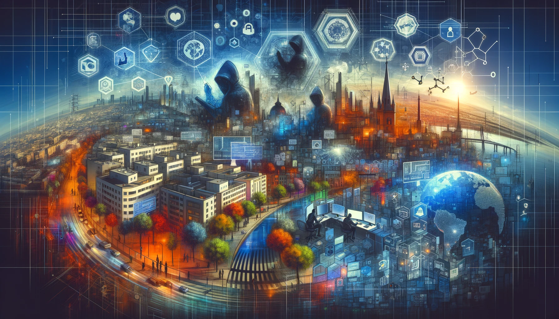 Ilustración digital panorámica sobre ciberseguridad en España, mostrando empresas, hackers y amenazas evolutivas.
