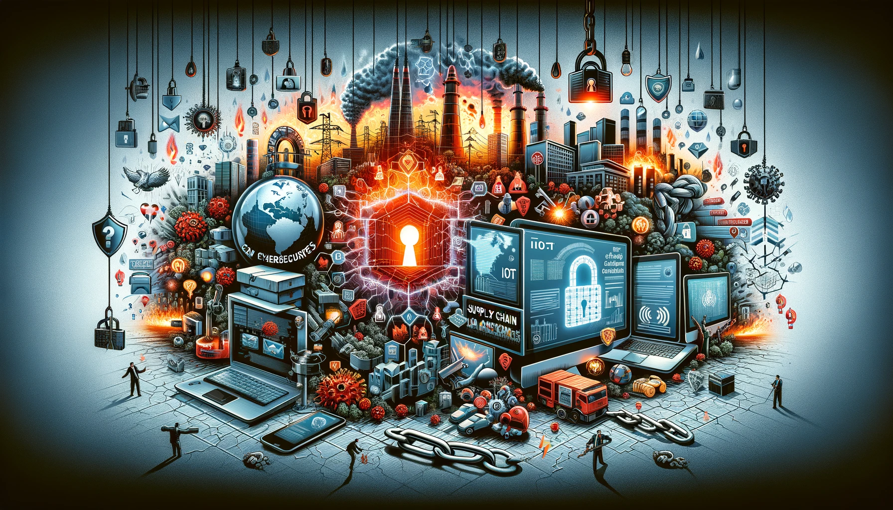 Varios símbolos de amenazas cibernéticas, incluyendo ransomware, phishing, infraestructuras críticas y brechas de datos, en un contexto empresarial