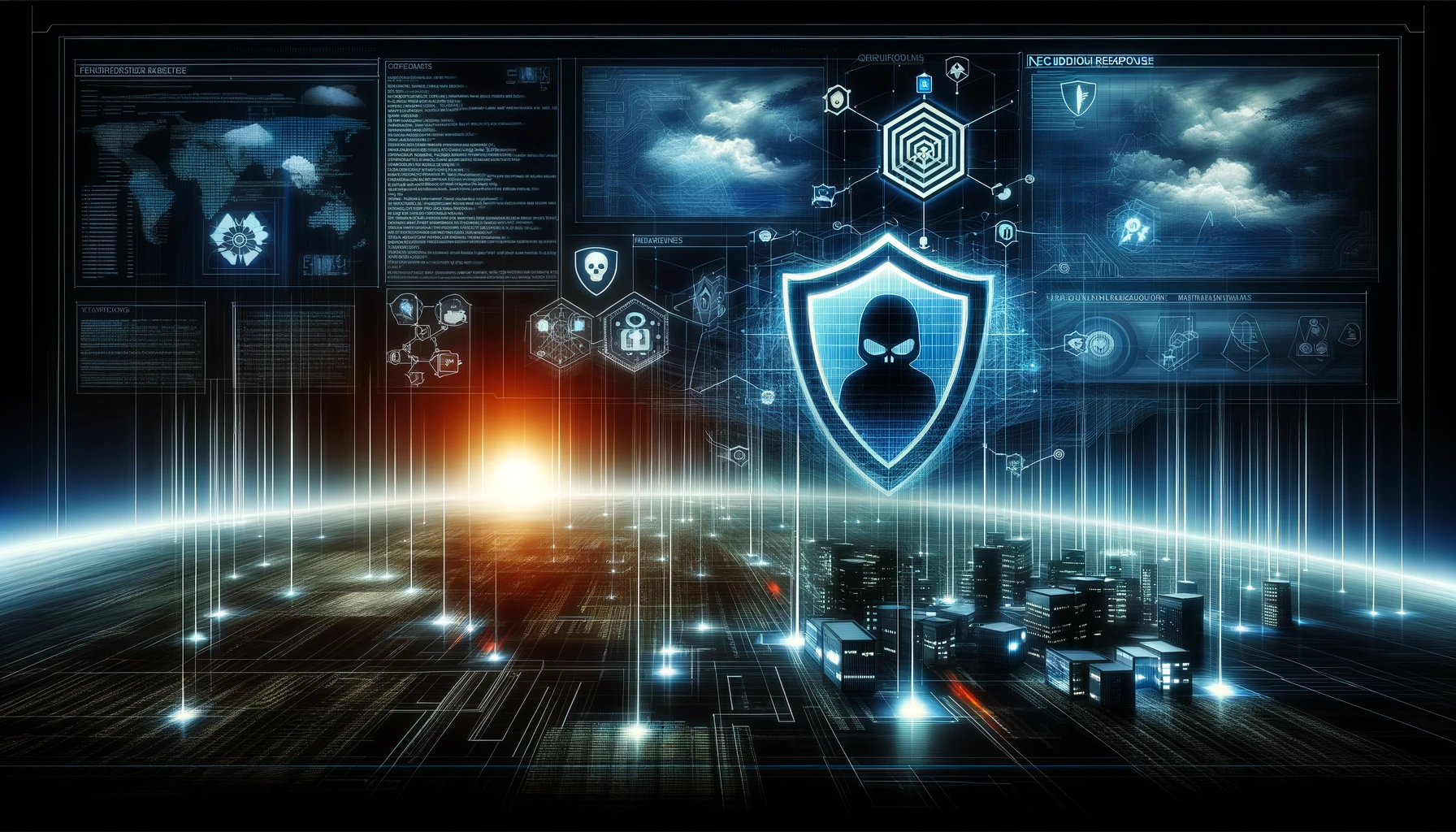Imagen ilustrando la ciberseguridad y la respuesta a incidentes para empresas españolas, con un paisaje digital, un escudo de protección y símbolos de ataque cibernético en tonos azules y negros.