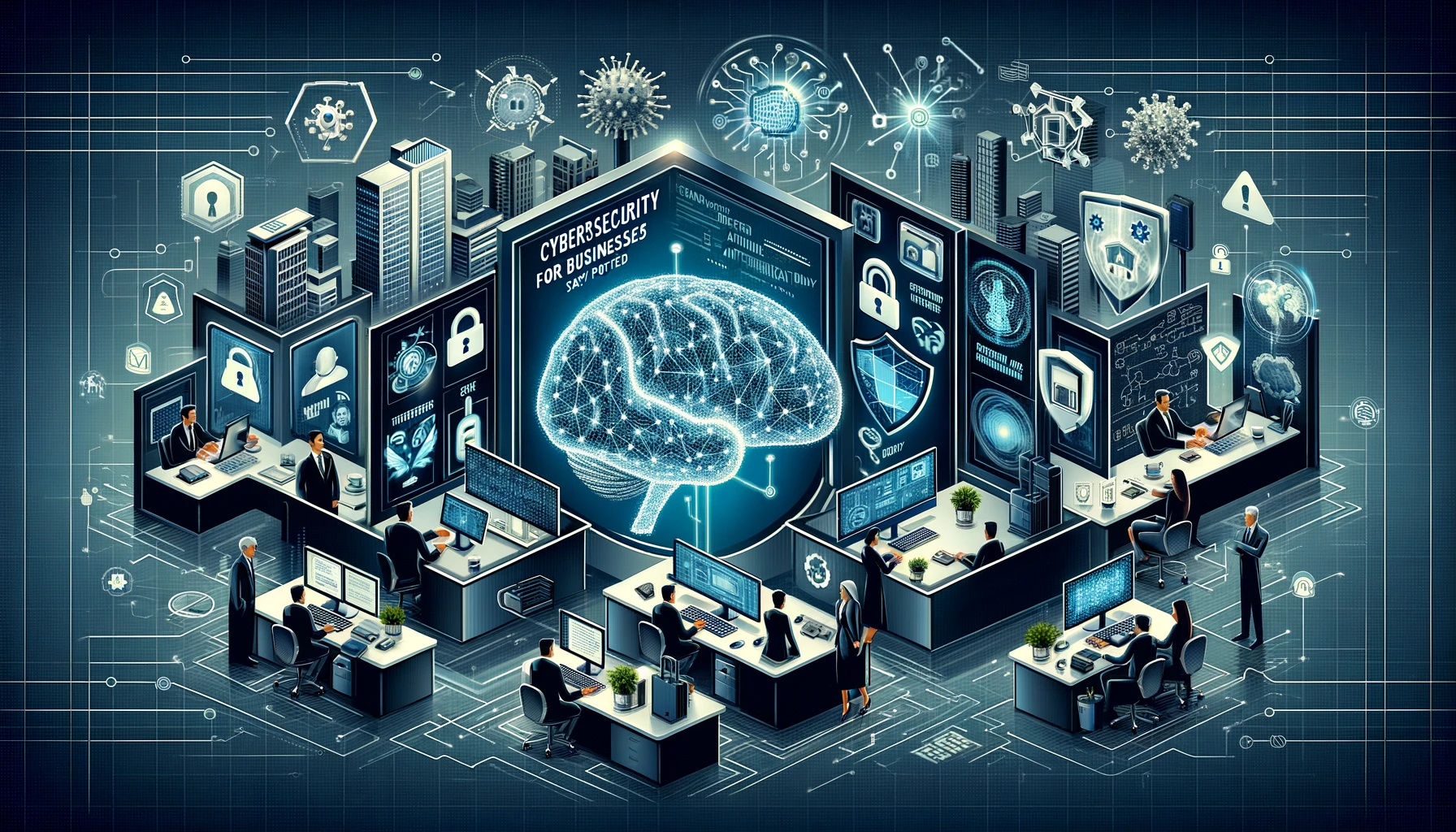 Imagen mostrando un entorno corporativo con elementos de ciberseguridad como firewalls, antivirus, IA, simbolizando protección integral en negocios.
