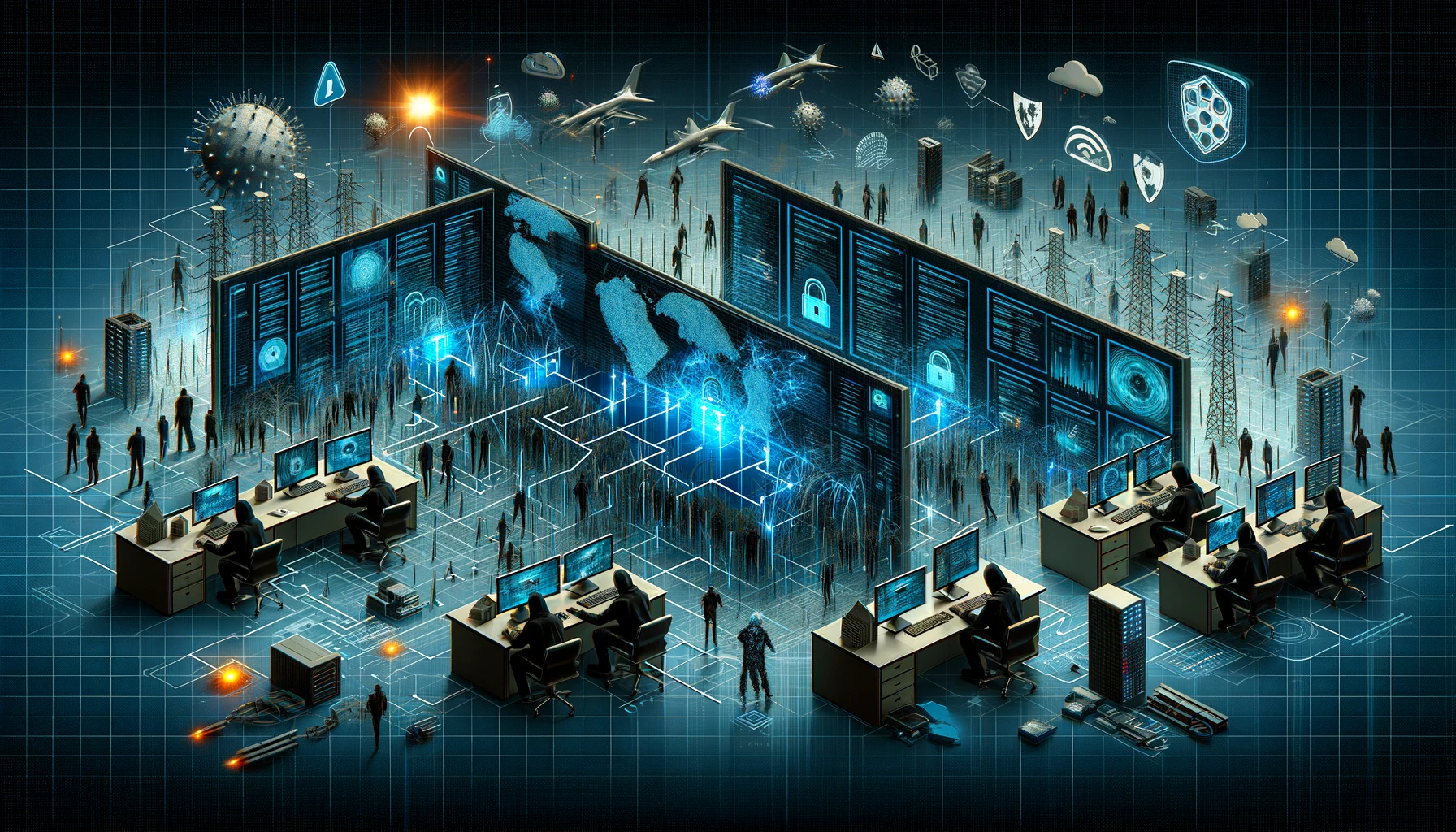 Banner de ciberseguridad ilustrando pentesting con hackers éticos y estructuras de red para empresas españolas.