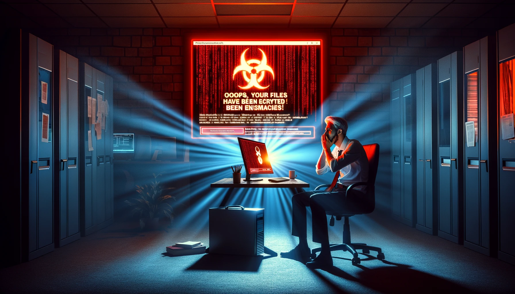 Muestra a un trabajador de oficina frente a un ordenador que muestra un mensaje de advertencia de ransomware en tonos rojos.